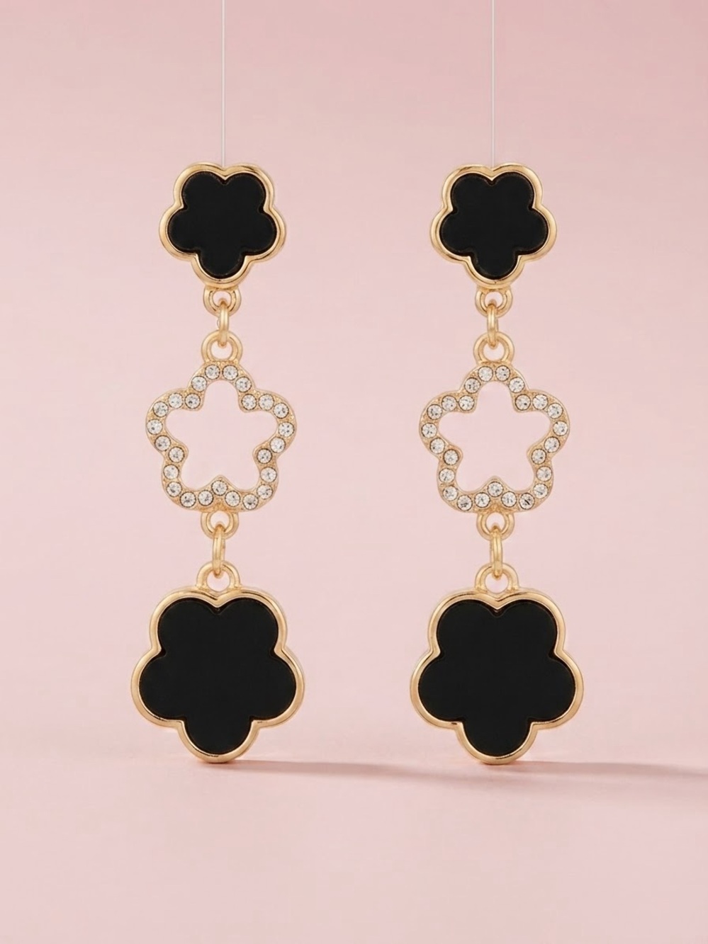 Gold-Tone Black Flower Drop Earrings - Elegant Women's Jewelry clover earrings